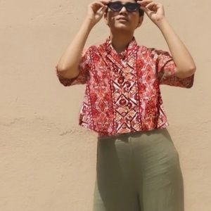 Rachel Zoe | Kilim Linen Orange Tribal Aztec Pattern Cropped Button Boxy Shirt